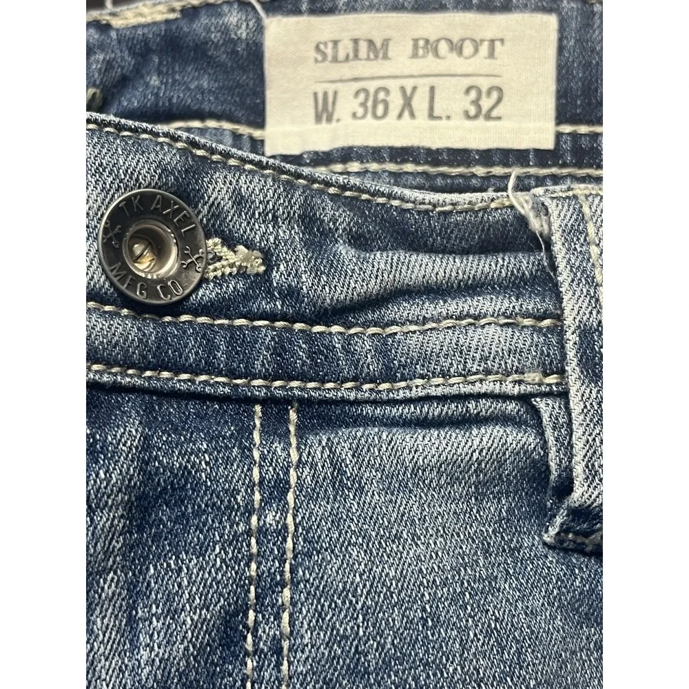 TK Axel Jeans Mens 36x32 (Fits 36x31) Slim Boot Cut Denim Stretch Thick Stitch